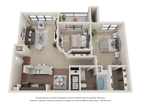 A 3D floor plan of a house with a kitchen, living room, bedrooms and bathrooms.